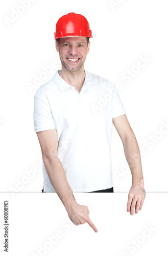 Worker man in red helmet isolated on white background
