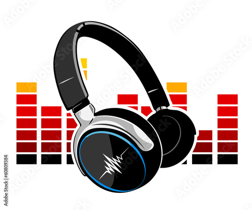 Headphones with an equalizer in the background