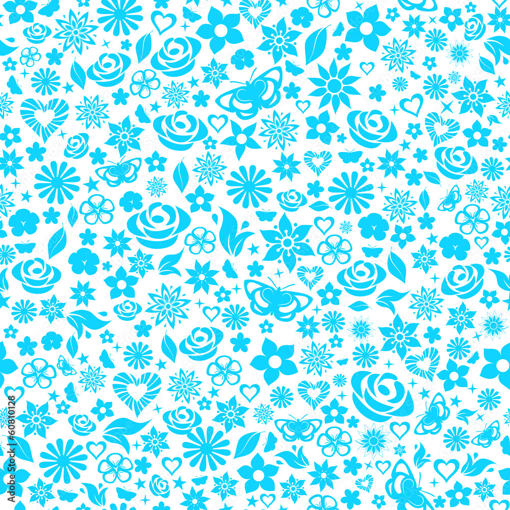 Seamless pattern of flowers, light blue on white Seamless pattern of flowers, light blue on white