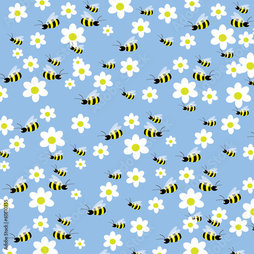 Seamless bees and flowers pattern