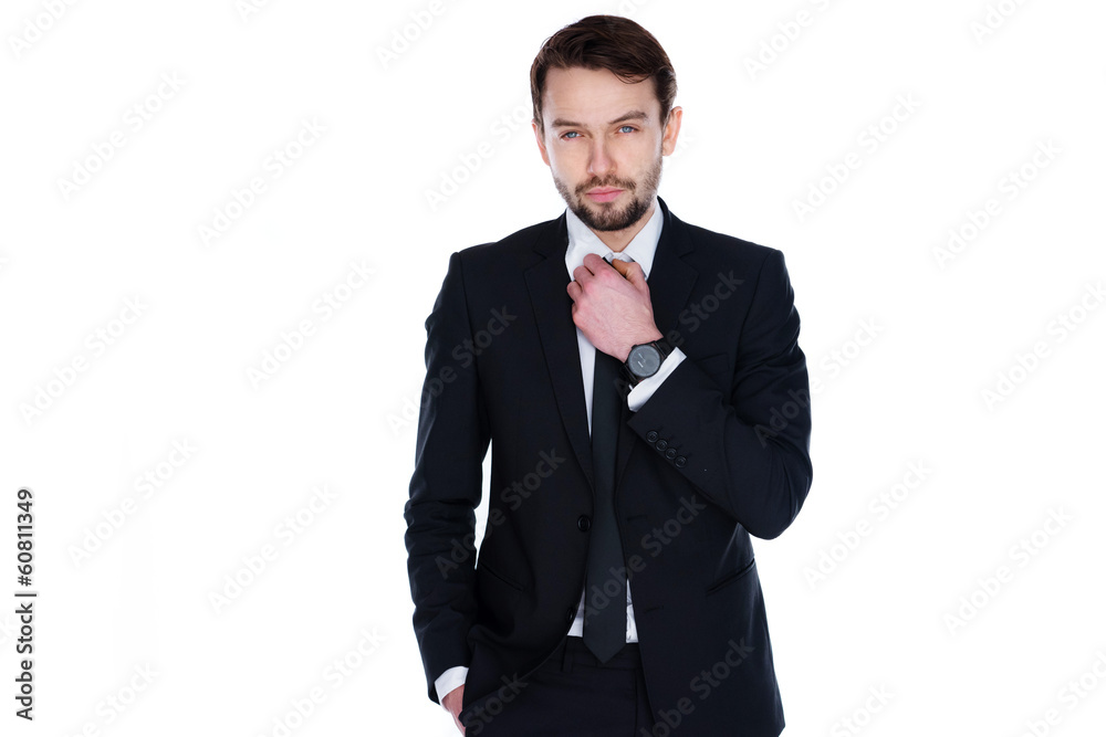 Handsome businessman adjusting his tie Handsome businessman adjusting his tie