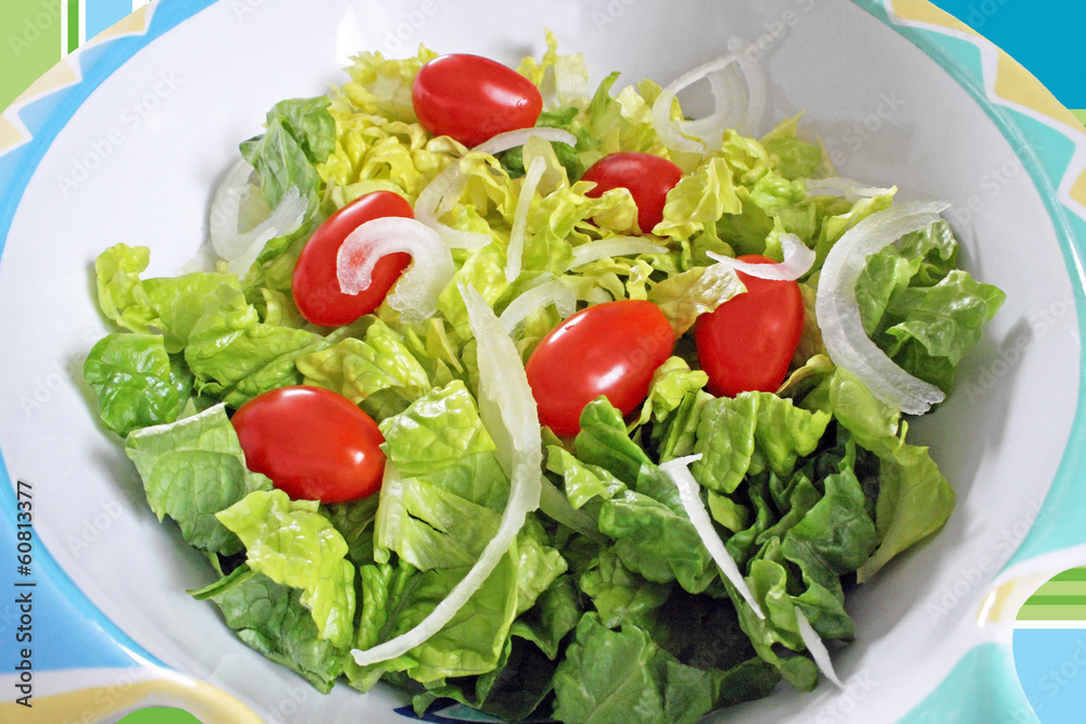 Fresh garden salad of romaine, onions and cherry tomatoes Fresh garden salad of romaine, onions and cherry tomatoes