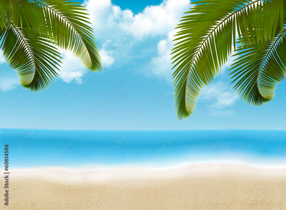 Fototapeta premium Palm leaves on beach. Vector illustration.