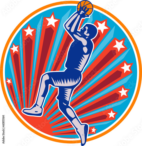 Basketball Player Jump Shot Ball Circle Woodcut retro
