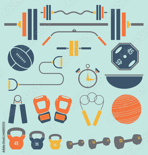 Vector Set: Retro Color Flat Gym and Workout Equipment