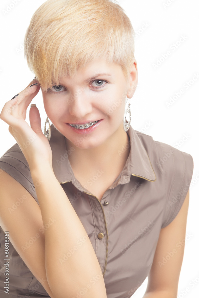 Portrait of Young Caucasian Woman Wearing Orthodontic Brackets Portrait of Young Caucasian Woman Wearing Orthodontic Brackets