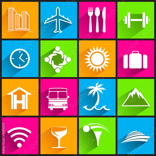 Travel business icons on color background. Vector