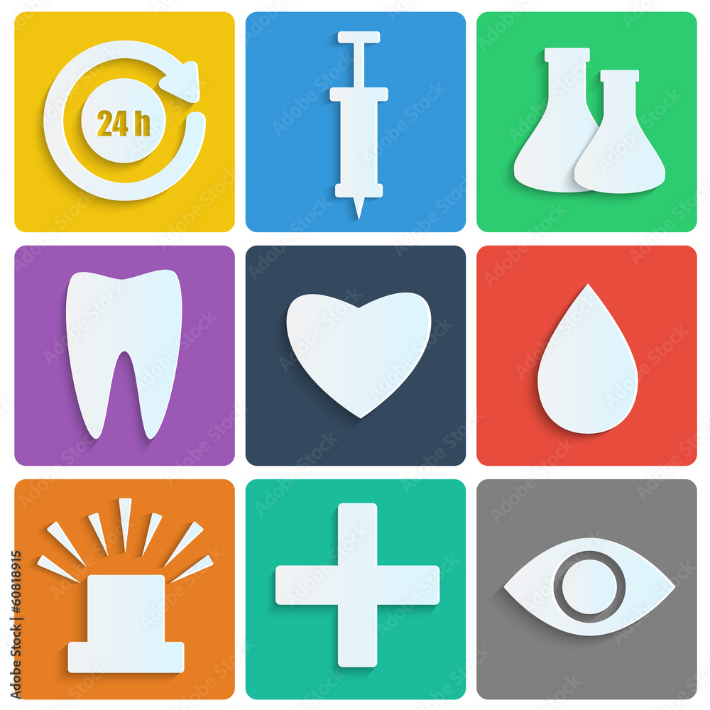 Icons of the white paper.set of medical icons on colorful backgr