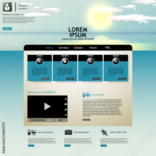 Website template Vector. with photorealistic sunrise, sea