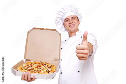Chef holding the pizza in a box showing thumbs up