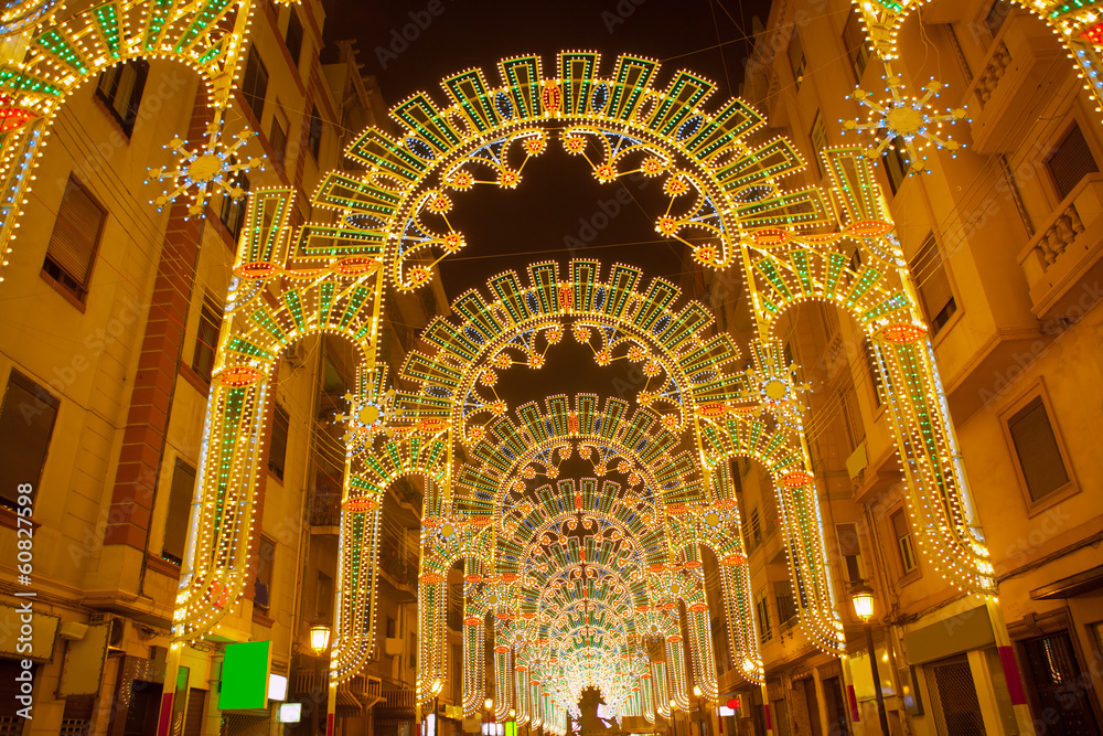 Beautiful night lights in Fallas fest of Valencia in calle Sueca