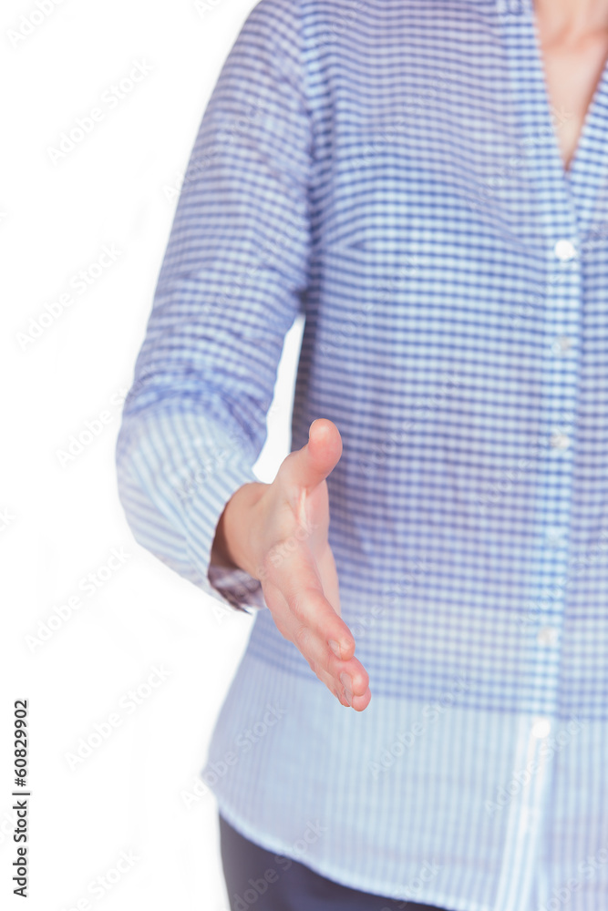 Woman with welcome gesture isolated over white