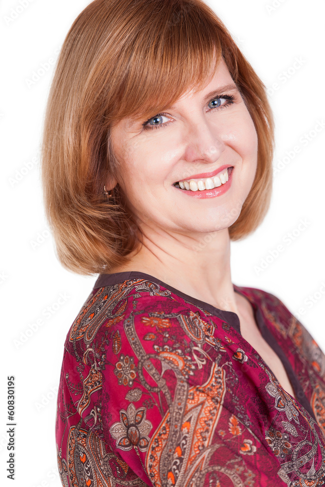 pretty mature woman smiling against white background. pretty mature woman smiling against white background.
