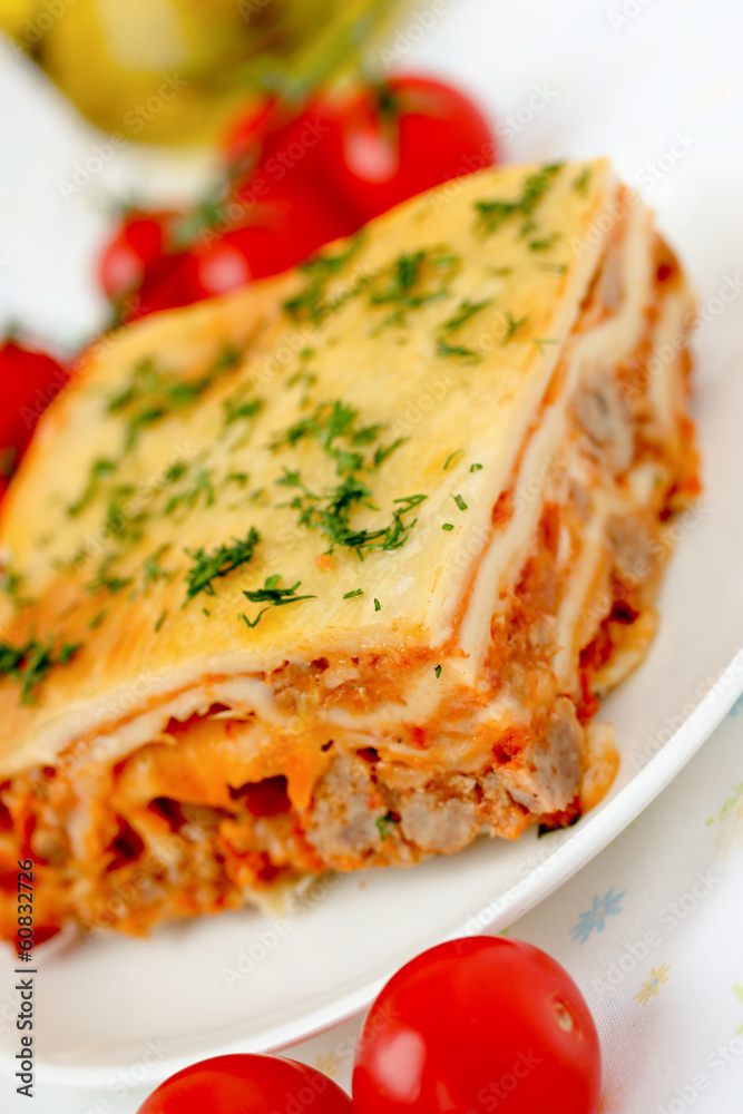 Italian lasagna with meat and tomatoes. Macro. Italian lasagna with meat and tomatoes. Macro.