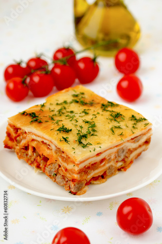 Italian lasagna with meat and tomatoes. Macro.