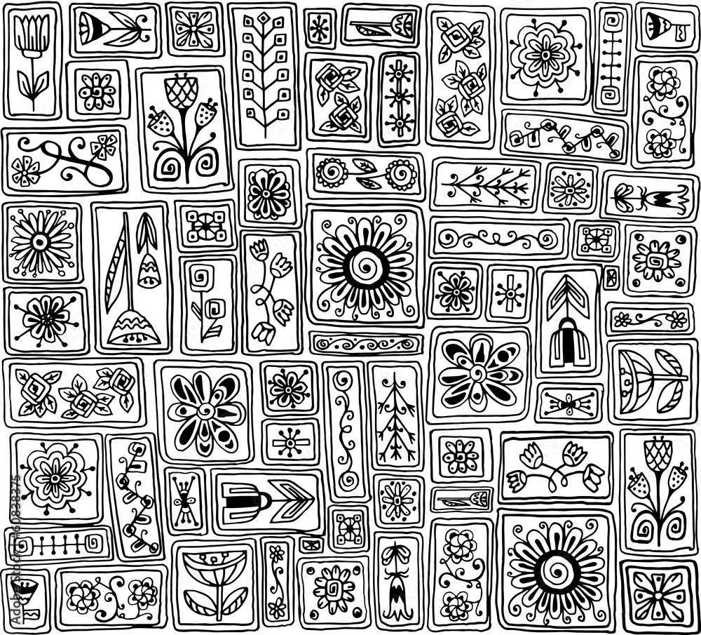 Seamless pattern. Sampler doodle flowers, leaves, hearts. Seamless pattern. Sampler doodle flowers, leaves, hearts.