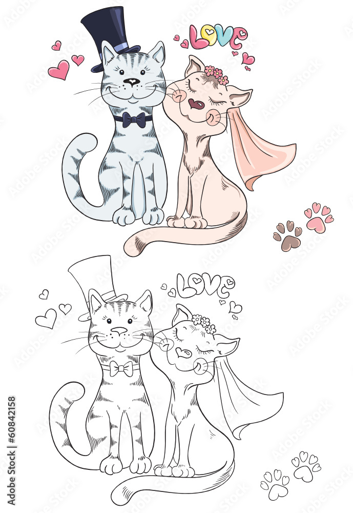 Coloring book with cartoon groom and bride cats. Wedding Coloring book with cartoon groom and bride cats. Wedding