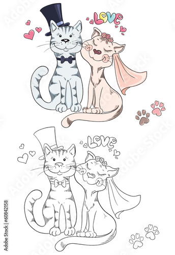 Coloring book with cartoon groom and bride cats. Wedding
