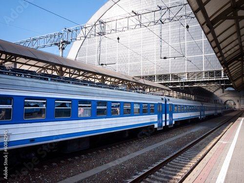 Railway station. Train in the foreground.