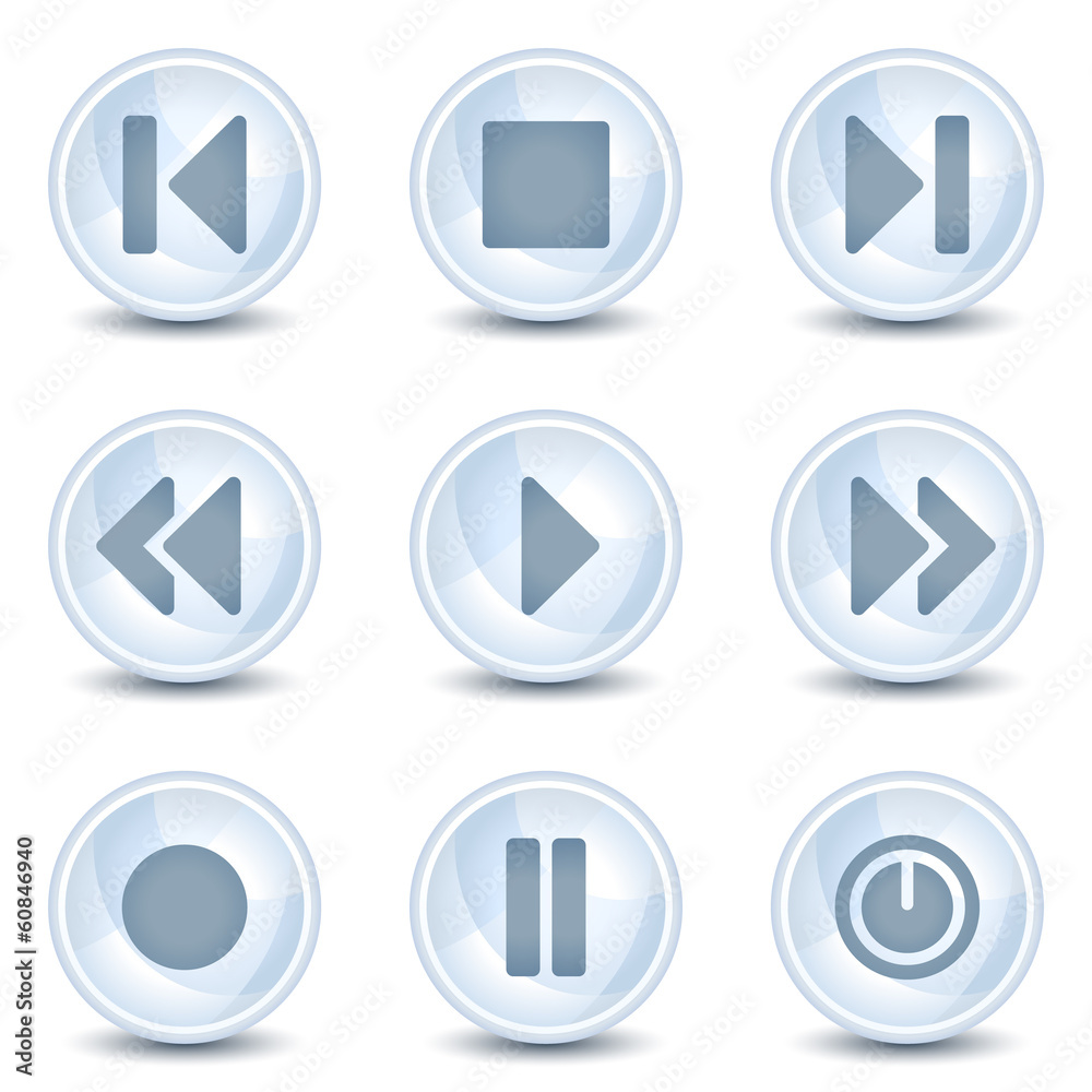 Media player web icons, light blue glossy circle buttons Media player web icons, light blue glossy circle buttons