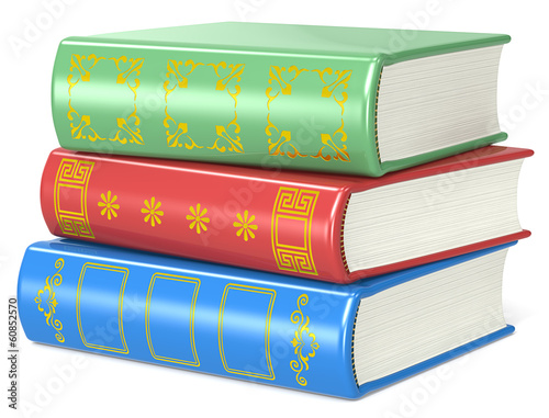 Books.Pile of 3 books.Red, green and blue.Golden ornaments.