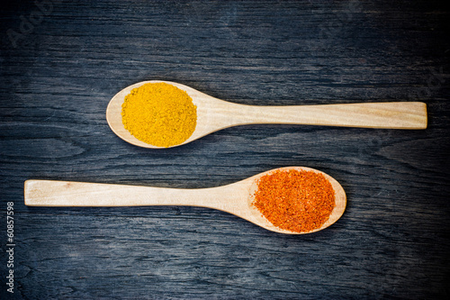 Colorful spices in wooden spoons