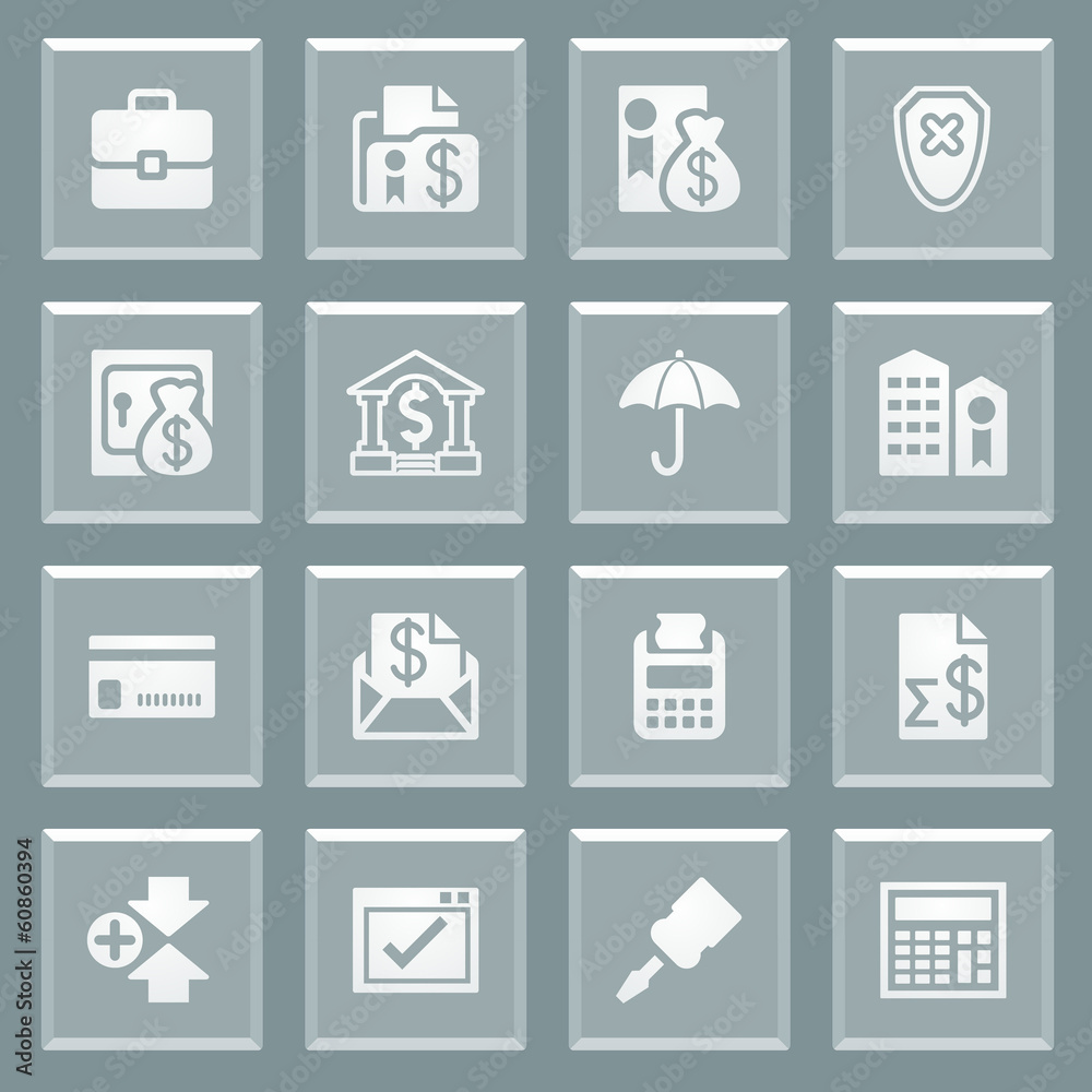 Banking white icons on glass buttons.