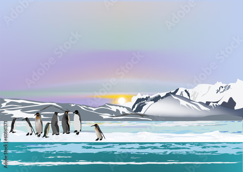 penguins in ice arctic landscape