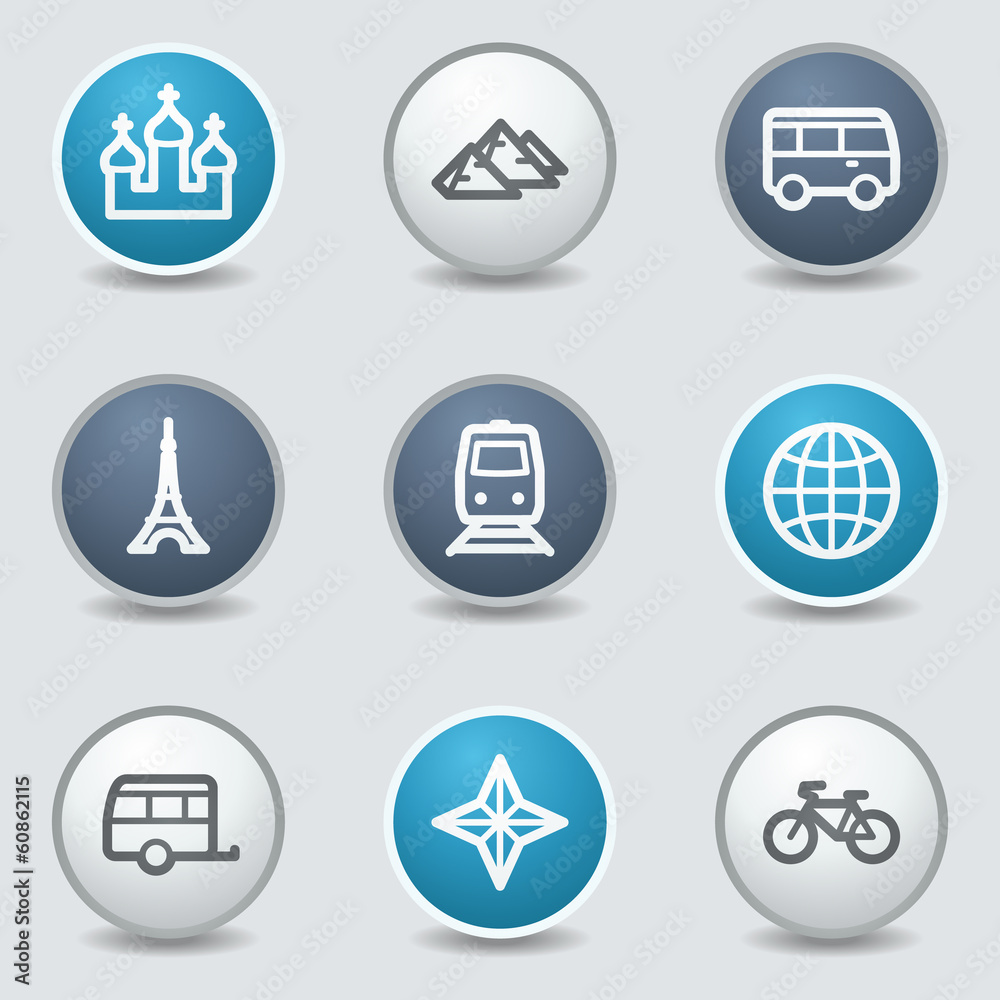 Travel web icons, circle blue buttons