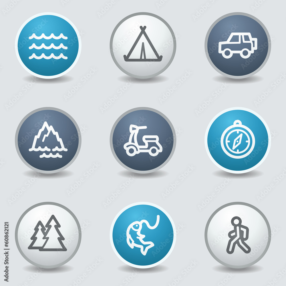 Travel web icons, circle blue buttons
