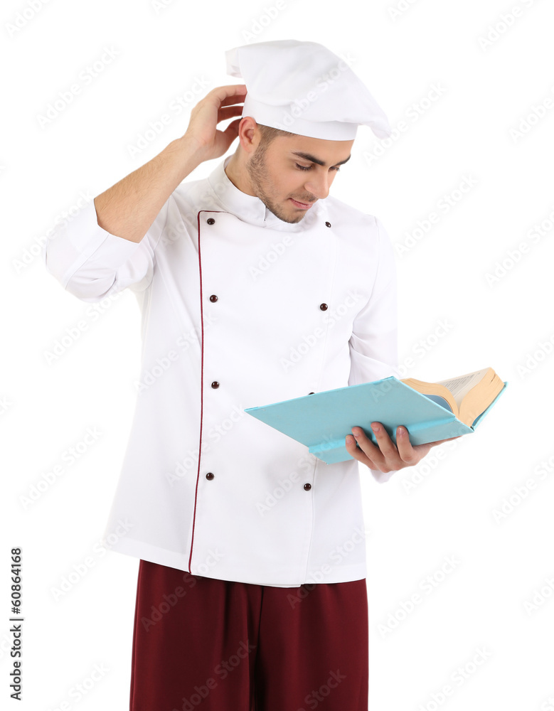 Professional chef with book, in white uniform and hat, Professional chef with book, in white uniform and hat,