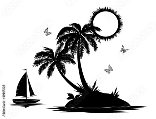 Island with palm and ship silhouettes