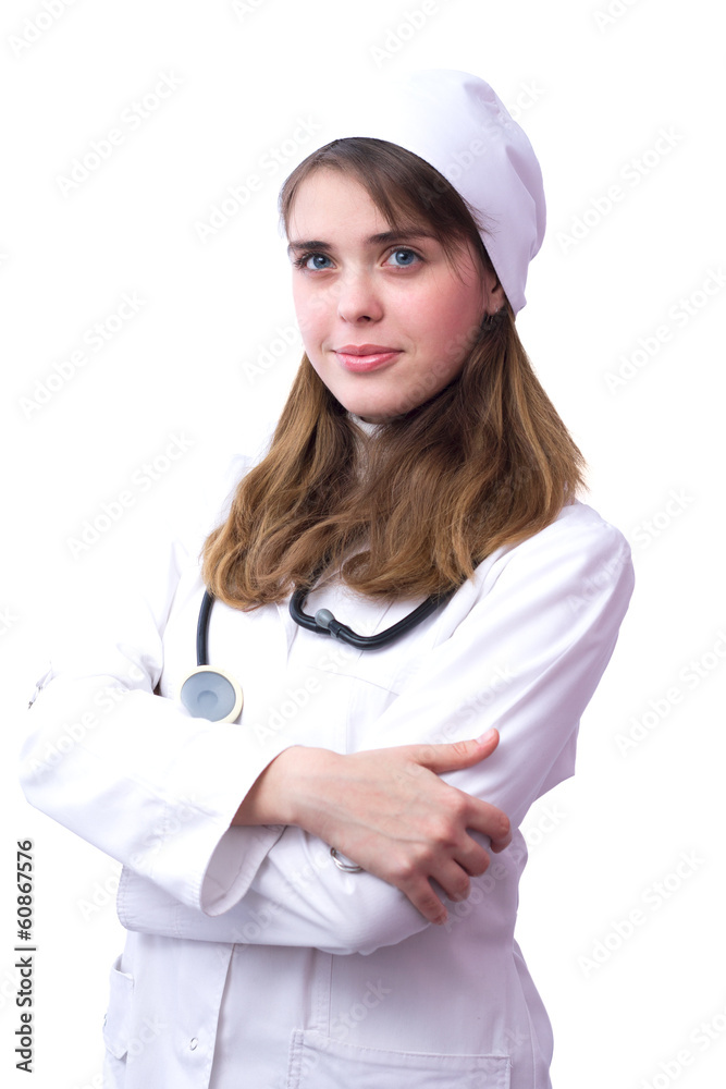 young woman doctor with phonendoscope on neck young woman doctor with phonendoscope on neck