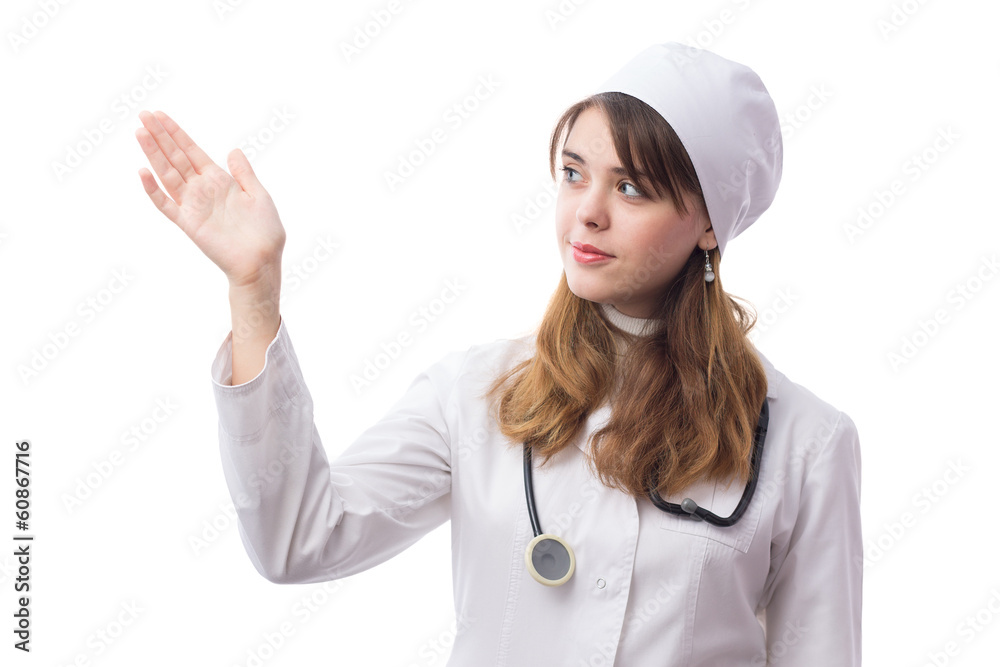young doctor with phonendoscope shows at something young doctor with phonendoscope shows at something
