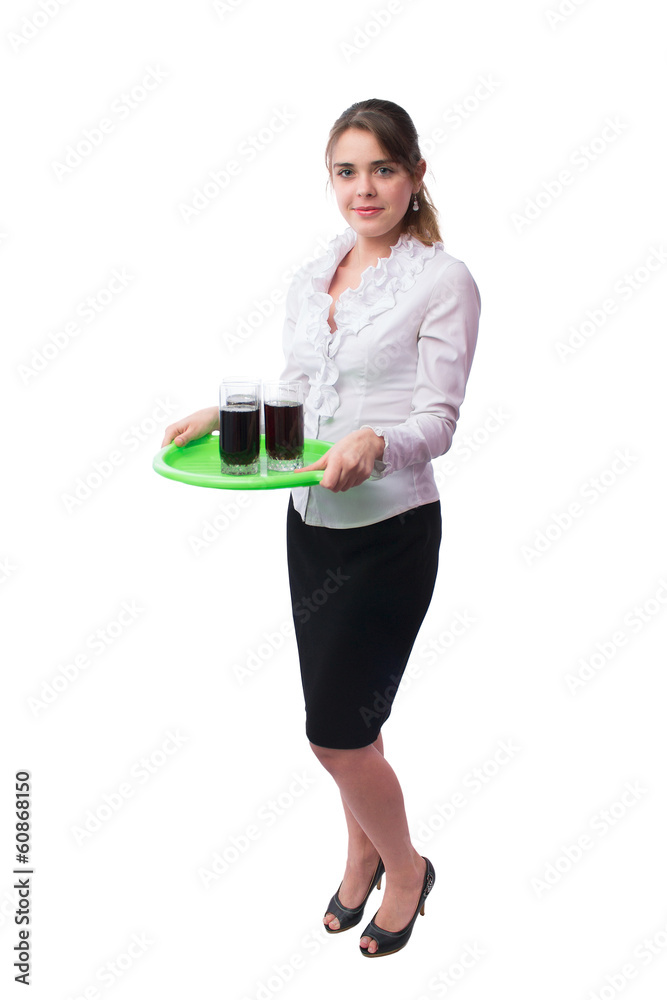 beautiful girl the waiter with a tray in her hands beautiful girl the waiter with a tray in her hands