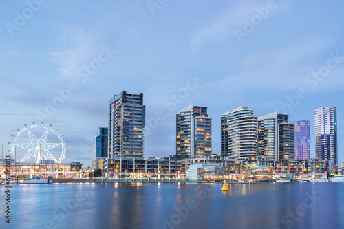 Night tim image of the Docklands waterfront in Melbourne, Austra