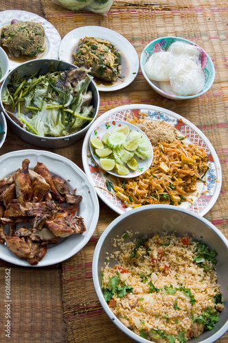 Thai Dishes course eaten with rice on mad,Thai style