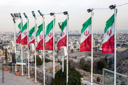 Aerial view of Mashhad with Iranian flags, Iran