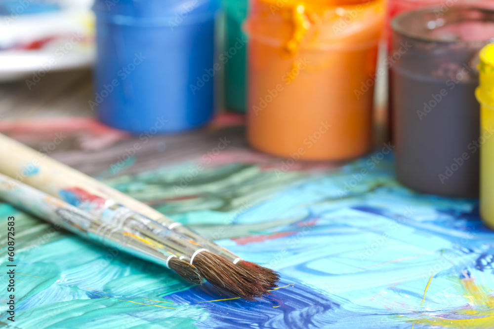 Poster paints watercolor with brushes abstract composition Poster paints watercolor with brushes abstract composition