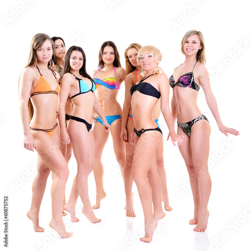 group of girls in bikini, seven attractive caucasian young women © Khorzhevska