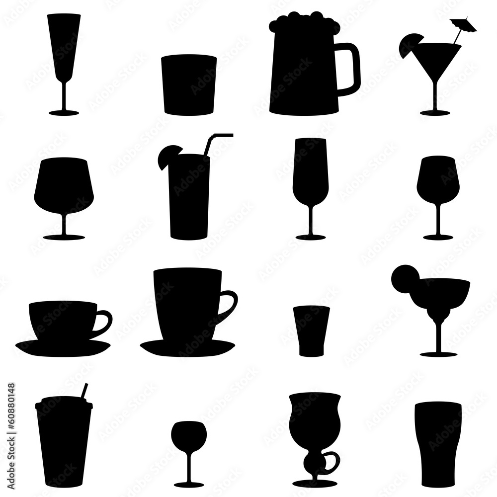Black and white drink glass icons isolated on white Black and white drink glass icons isolated on white