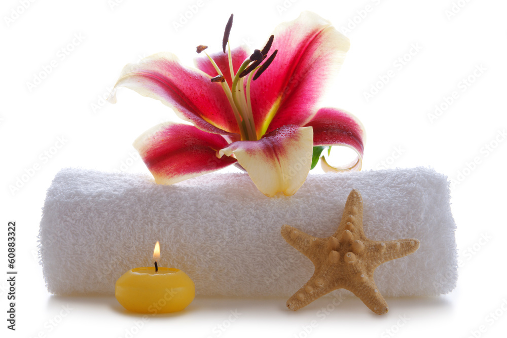 Spa towels and pink lily. Spa towels and pink lily.