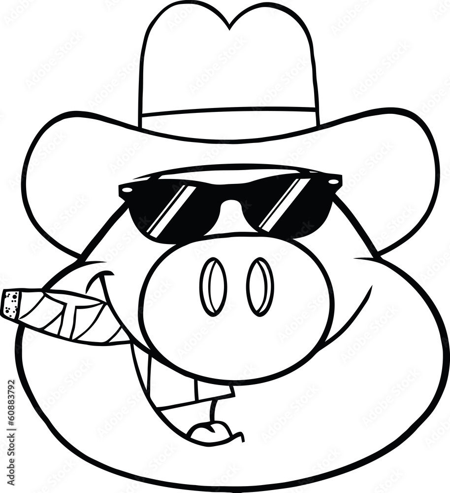 Black And White Pig Head With Sunglasses,Cowboy Hat And Cigar Black And White Pig Head With Sunglasses,Cowboy Hat And Cigar