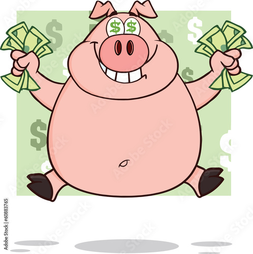 Smiling Rich Pig With Dollar Eyes And Cash Jumping Over Green