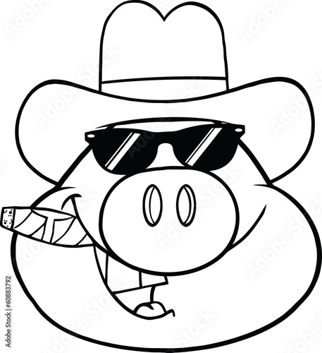 Black And White Pig Head With Sunglasses,Cowboy Hat And Cigar