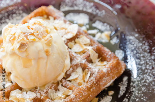 vanilla Ice Cream Scoop On Waffle