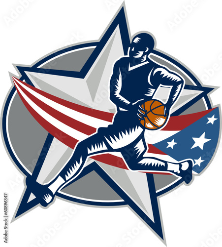 Basketball Player Fast Break Lay-Up Woodcut