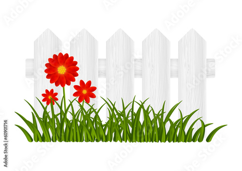 Wooden fence with red flowers