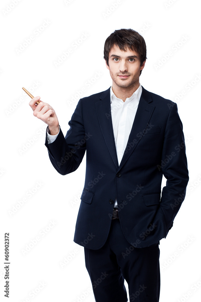 businessman pointing with pen on white background businessman pointing with pen on white background
