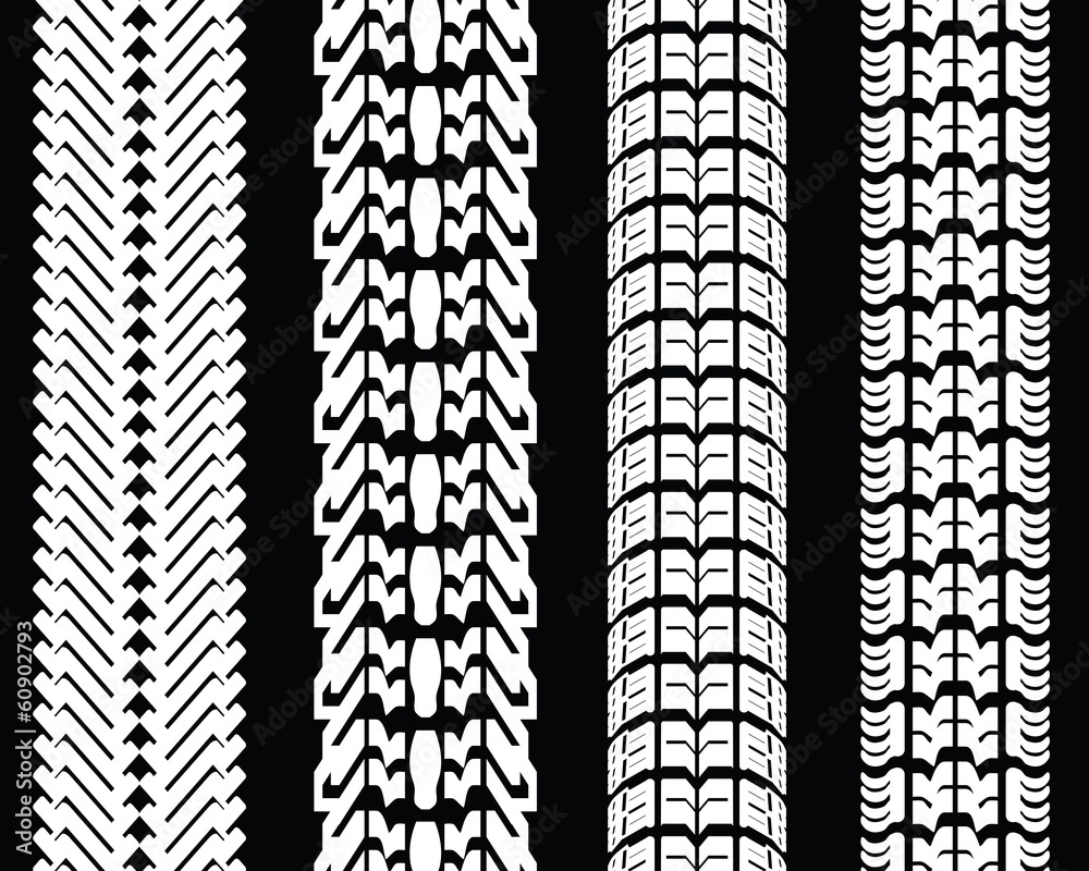 White tire prints on a black background, vector illustration